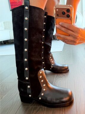 Cinq à Sept Shira Black Suede Metal Studded Knee-High Boots | Size 39.5
